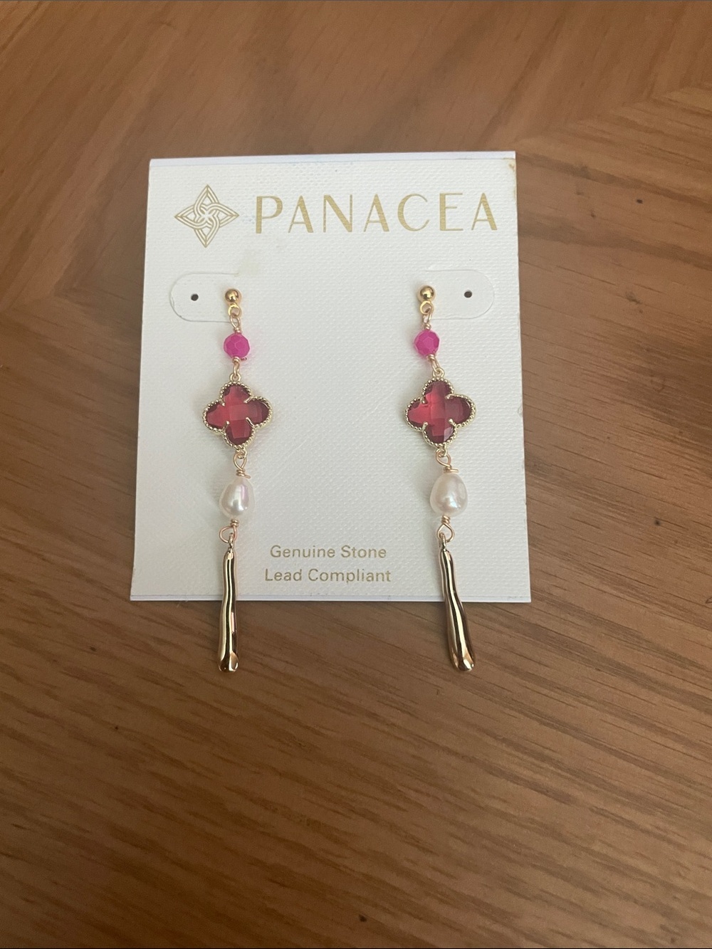Pink Clover Drop Earrings with Pearl and Gold Accents